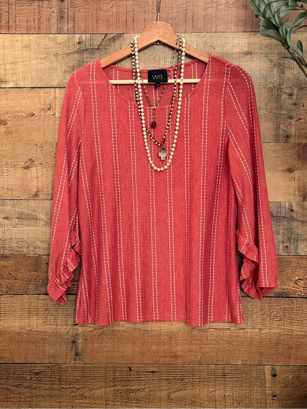 Blouse Rust Anthropologie Coral Striped Ruffle Sleeve Top Textured Material - Picture 2 of 9